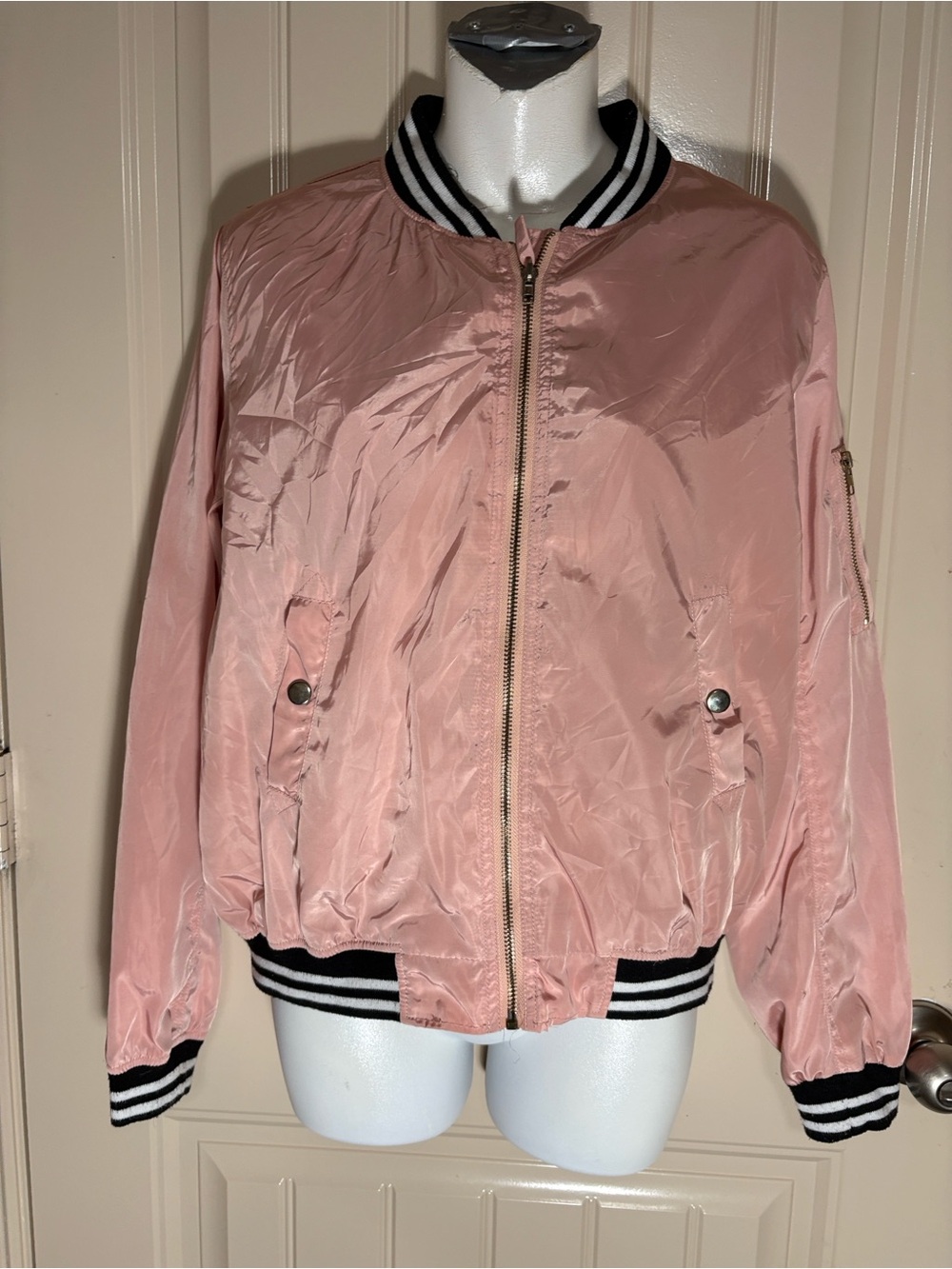 Wet Seal Pink Bomber Jacket with Black & White Stripe Trim, think “Pink Ladies”